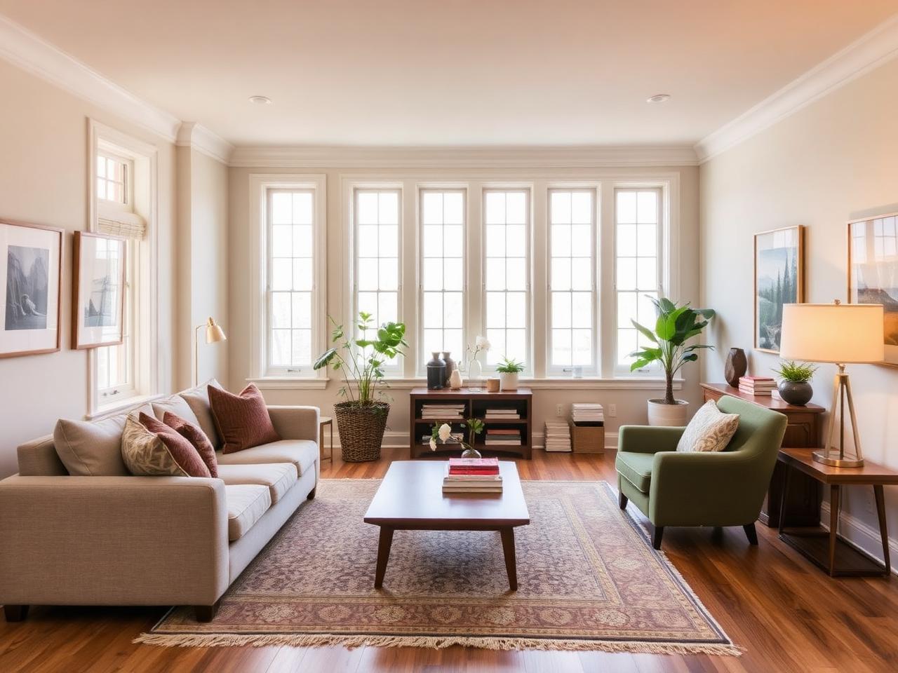 A quiet shared living room with fabric sofas